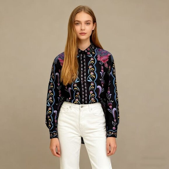 NWT JOHNNY WAS ROSALYNDA BUTTON DOWN Long Sleeve SHIRT Size XS Silk Blend - Picture 1 of 13